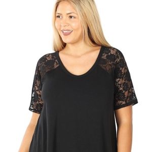 Plus Lace Short Sleeve V-Neck Round Hem Top